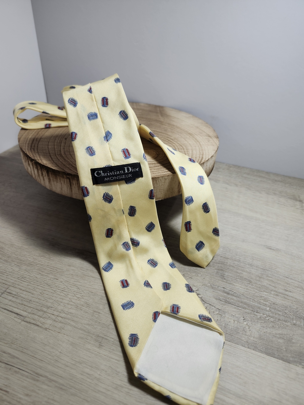 Dior Pale Yellow Silk Tie with Blue and Red Motifs
